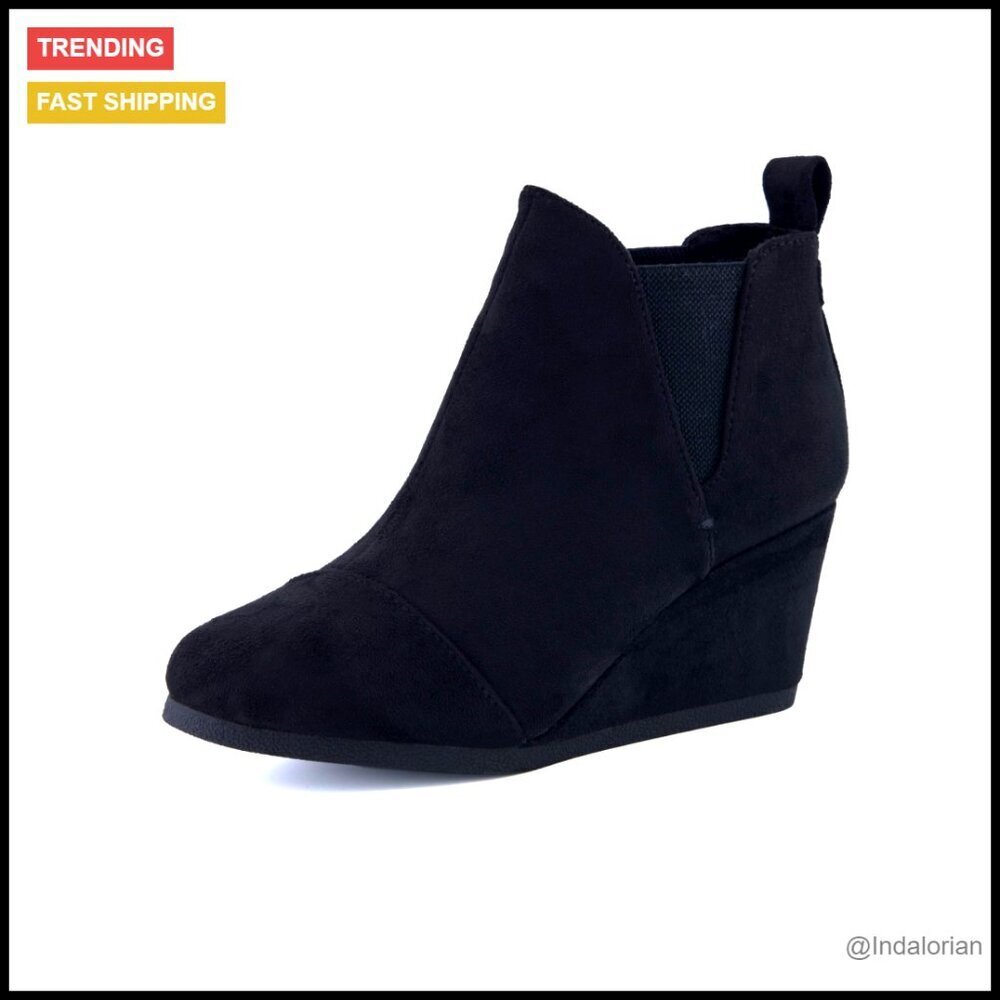 Vegan Suede Wedge Booties Slip On Memory Foam Comfort Chic Casual Style